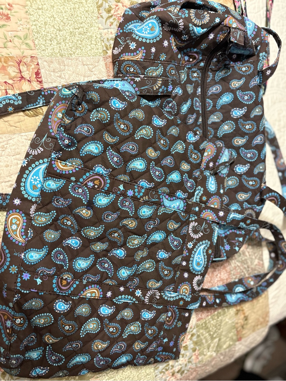 Brown Paisley Quilted Tote with Blue Accents